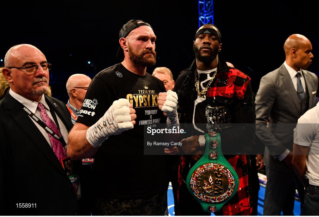 18 August 2018; Tyson Fury, left, and WBC Heavyweight champion Deontay Wilder after Tyson Fury defeated Francesco Pianeta at Windsor Park in Belfast. Photo by Ramsey Cardy/Sportsfile