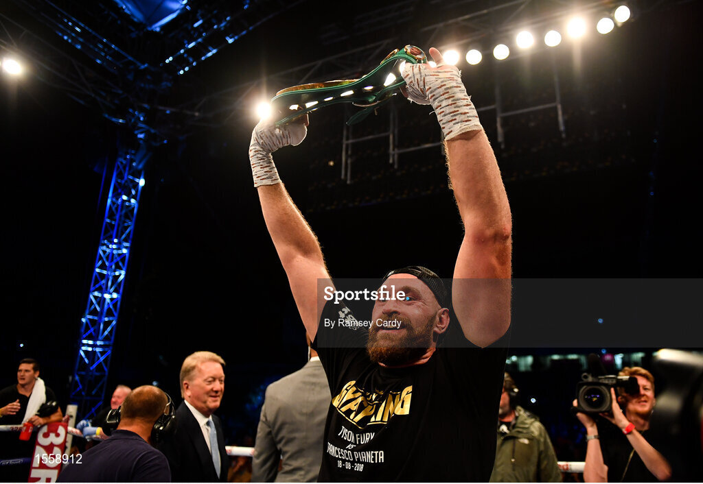 18 August 2018; Tyson Fury after defeating Francesco Pianeta in their heavyweight bout at Windsor Park in Belfast. Photo by Ramsey Cardy/Sportsfile