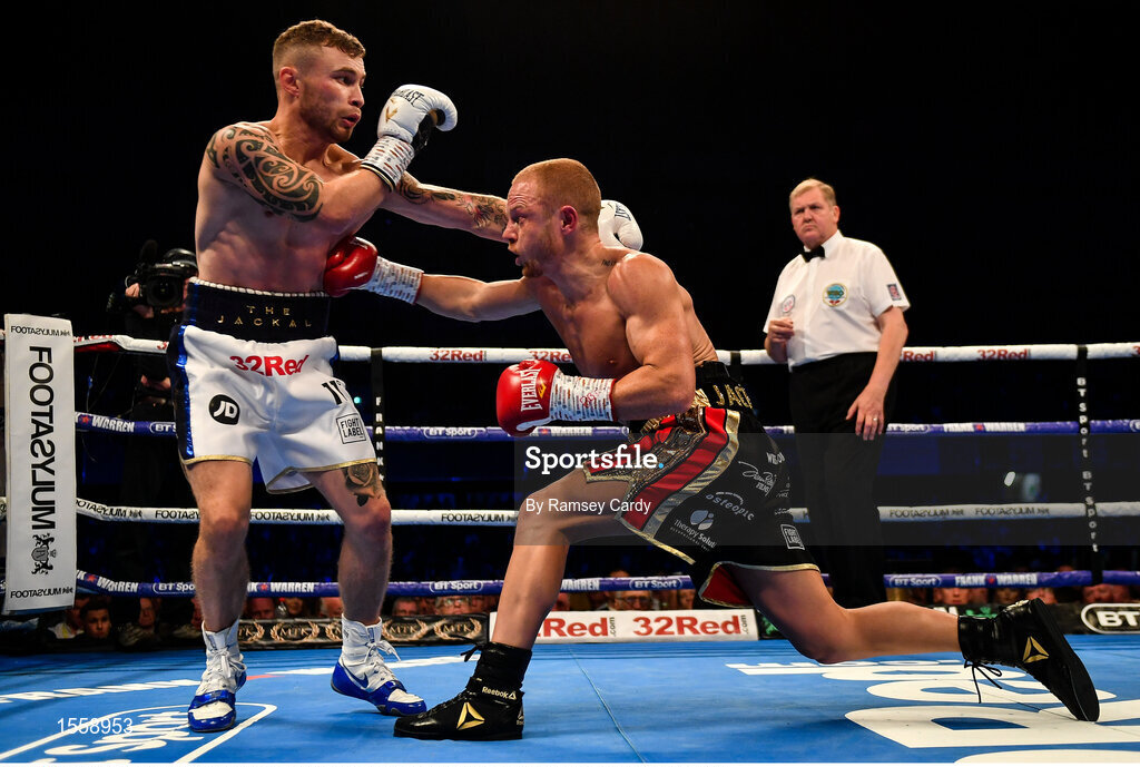 18 August 2018; Carl Frampton, left, in action against Luke Jackson during their interim World Boxing Organisation World Featherweight Title bout at Windsor Park in Belfast. Photo by Ramsey Cardy/Sportsfile
