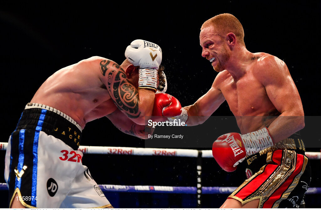 18 August 2018; Luke Jackson, right, in action against Carl Frampton during their interim World Boxing Organisation World Featherweight Title bout at Windsor Park in Belfast. Photo by Ramsey Cardy/Sportsfile