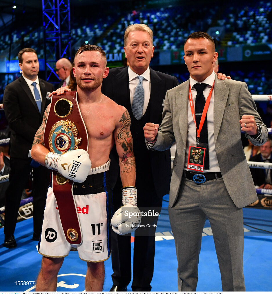 18 August 2018; Carl Frampton and IBF featherweight Champion Josh Warrington after Carl defeated Luke Jackson at Windsor Park in Belfast. Photo by Ramsey Cardy/Sportsfile
