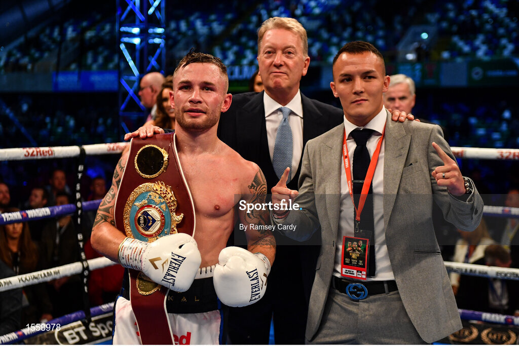 18 August 2018; Carl Frampton and IBF featherweight Champion Josh Warrington after Carl defeated Luke Jackson at Windsor Park in Belfast. Photo by Ramsey Cardy/Sportsfile