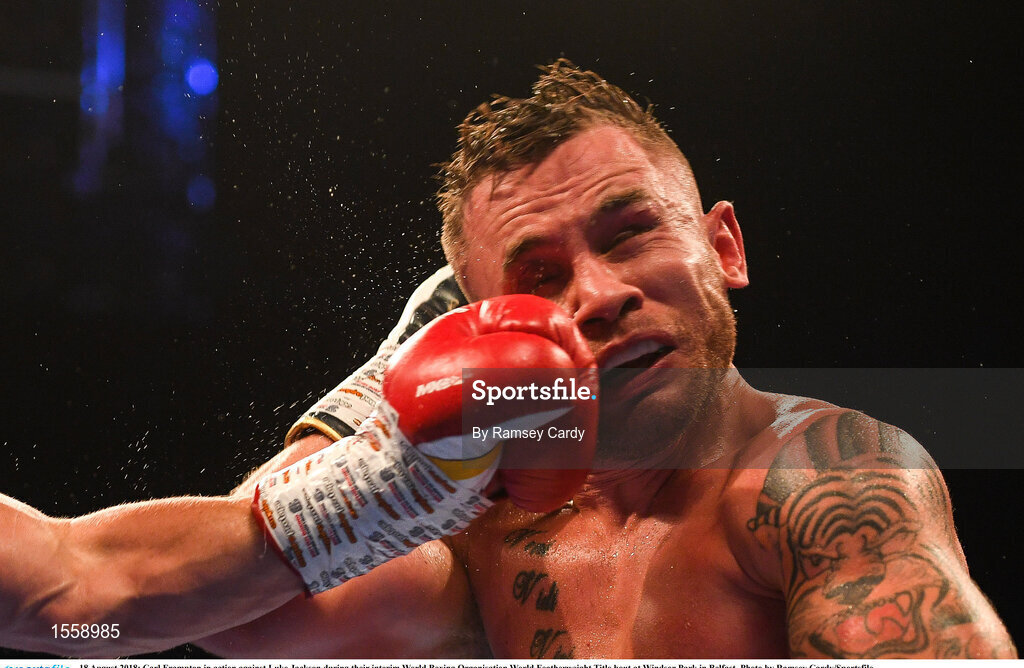 18 August 2018; Carl Frampton in action against Luke Jackson during their interim World Boxing Organisation World Featherweight Title bout at Windsor Park in Belfast. Photo by Ramsey Cardy/Sportsfile
