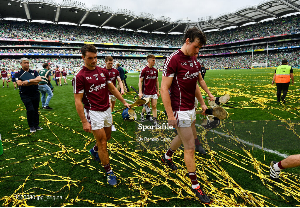 19 August 2018; Johnny Coen, left, and Gearóid McInerney of Galway following their defeat in the GAA Hurling All-Ireland Senior Championship Final match between Galway and Limerick at Croke Park in Dublin.  Photo by Ramsey Cardy/Sportsfile