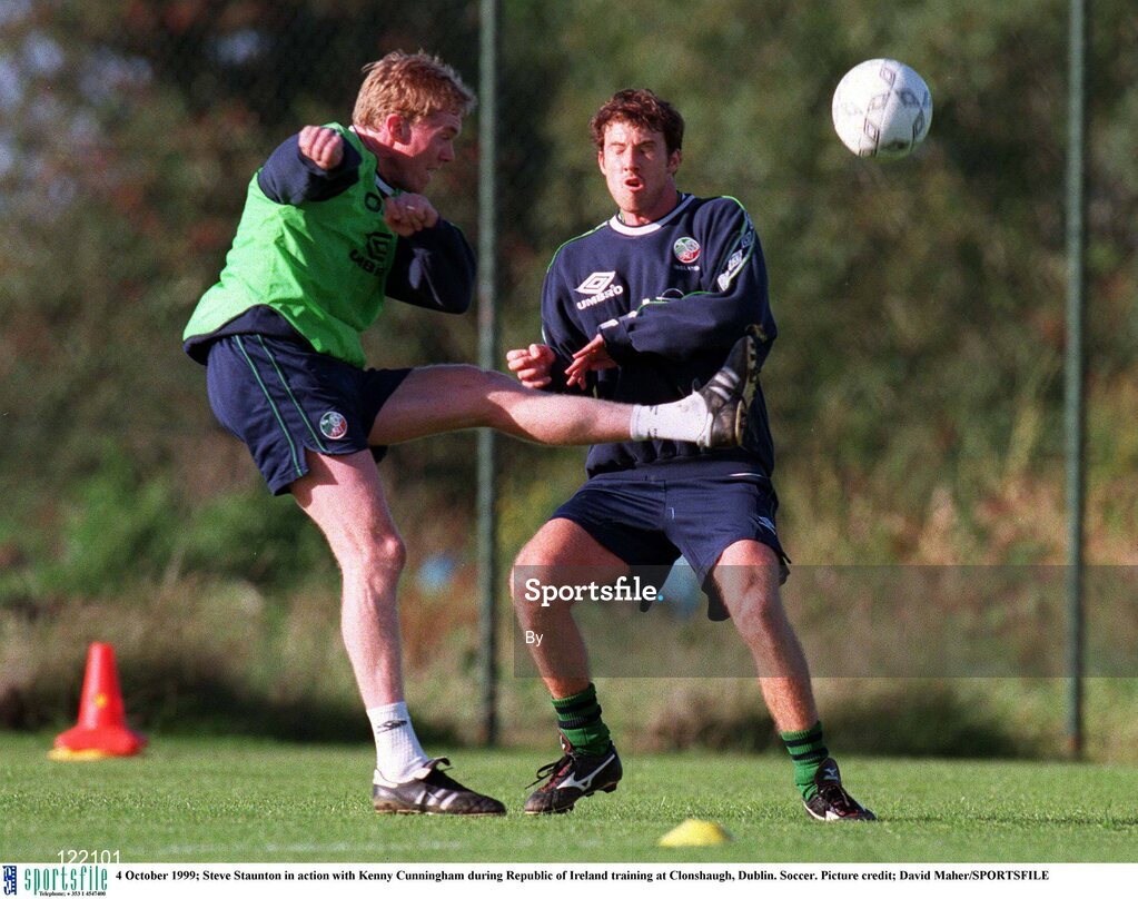 4 October 1999; Steve Staunton in action with Kenny Cunningham during Republic of Ireland training at Clonshaugh, Dublin. Soccer. Picture credit; David Maher/SPORTSFILE