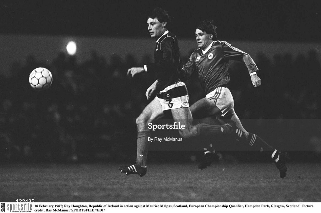 18 February 1987; Ray Houghton of the Republic of Ireland in action against Maurice Malpas of Scotland during a European Championship Qualifier at Hampden Park, Glasgow, Scotland. Picture credit: Ray McManus / SPORTSFILE