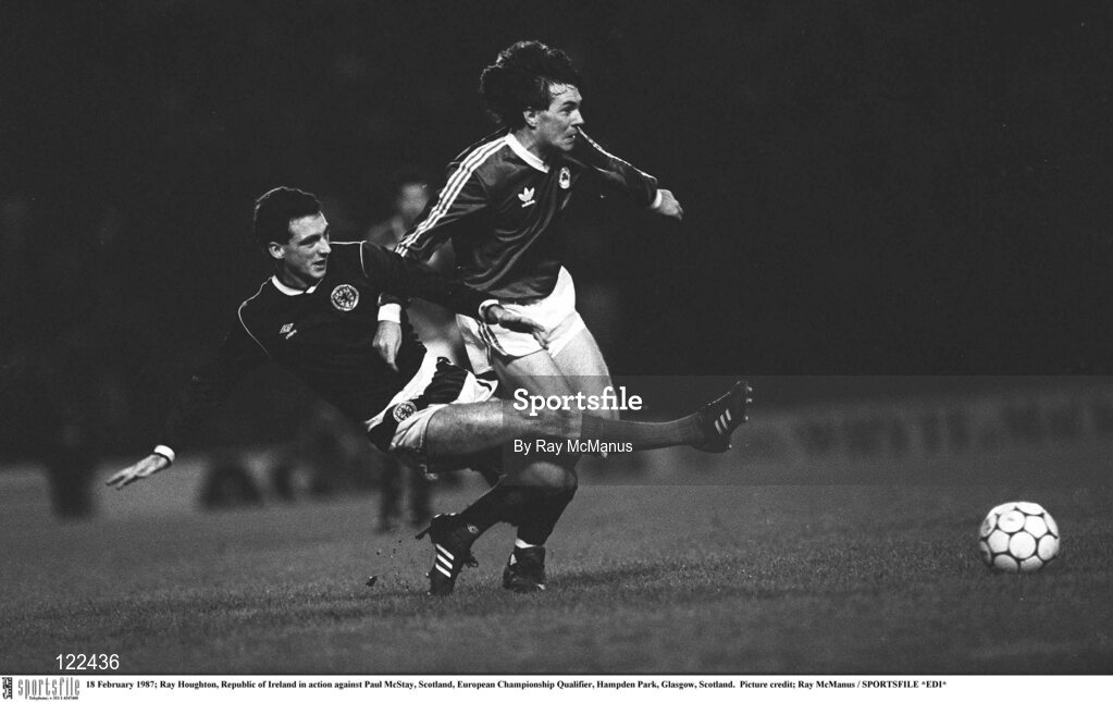 18 February 1987; Ray Houghtonof the Republic of Ireland in action against Paul McStay of Scotland during a European Championship Qualifier at Hampden Park, Glasgow, Scotland. Picture credit: Ray McManus / SPORTSFILE