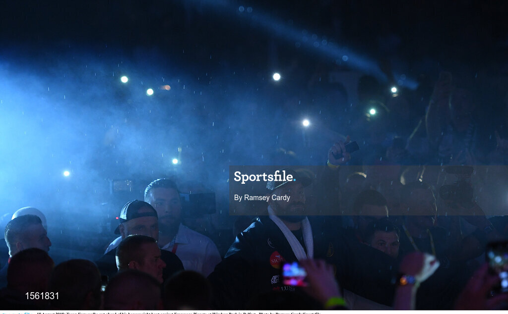 18 August 2018; Tyson Fury walks out ahead of his heavyweight bout against Francesco Pianeta at Windsor Park in Belfast.  Photo by Ramsey Cardy/Sportsfile