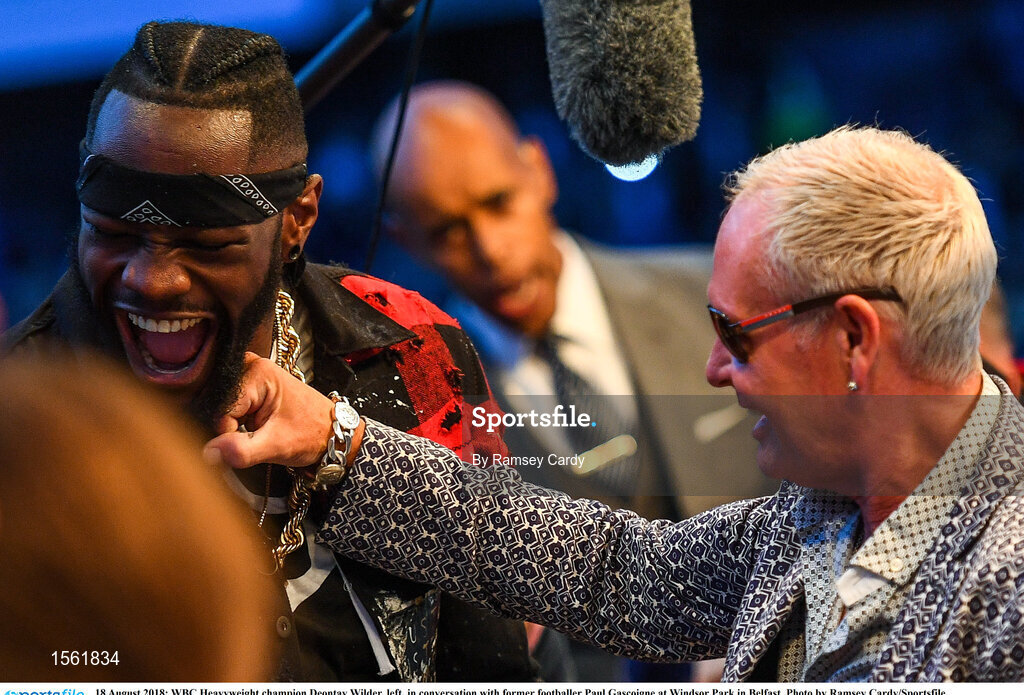18 August 2018; WBC Heavyweight champion Deontay Wilder, left, in conversation with former footballer Paul Gascoigne at Windsor Park in Belfast. Photo by Ramsey Cardy/Sportsfile