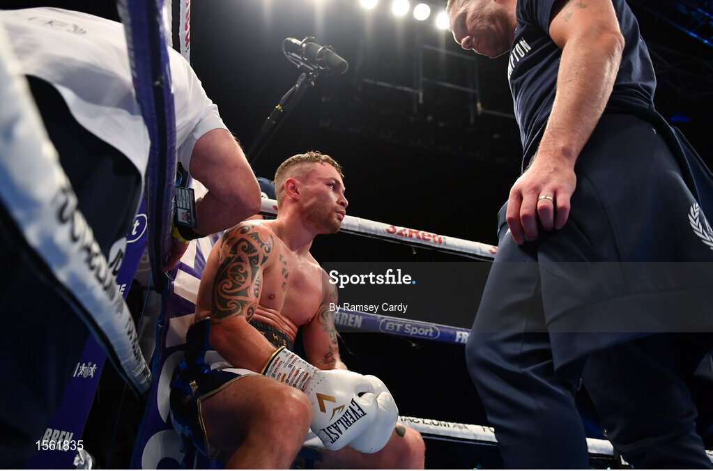 18 August 2018; Carl Frampton in conversation with trainer Jamie Moore during his bout against Luke Jackson at Windsor Park in Belfast. Photo by Ramsey Cardy/Sportsfile