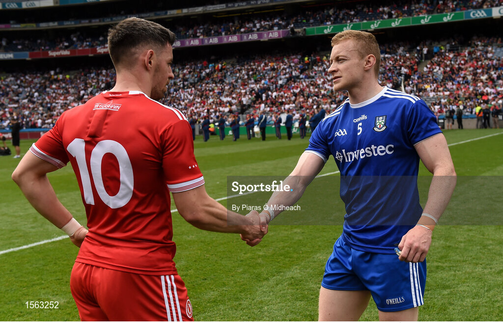 12 August 2018; Team captains Mattie Donnelly of Tyrone and Colin Walshe of Monaghan before the GAA Football All-Ireland Senior Championship semi-final match between Monaghan and Tyrone at Croke Park in Dublin. Photo by Piaras Ó Mídheach/Sportsfile