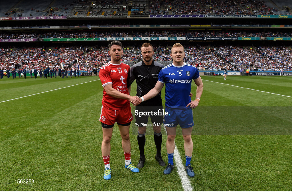 12 August 2018; Referee Anthony Nolan with team captains Mattie Donnelly of Tyrone and Colin Walshe of Monaghan before the GAA Football All-Ireland Senior Championship semi-final match between Monaghan and Tyrone at Croke Park in Dublin. Photo by Piaras Ó Mídheach/Sportsfile