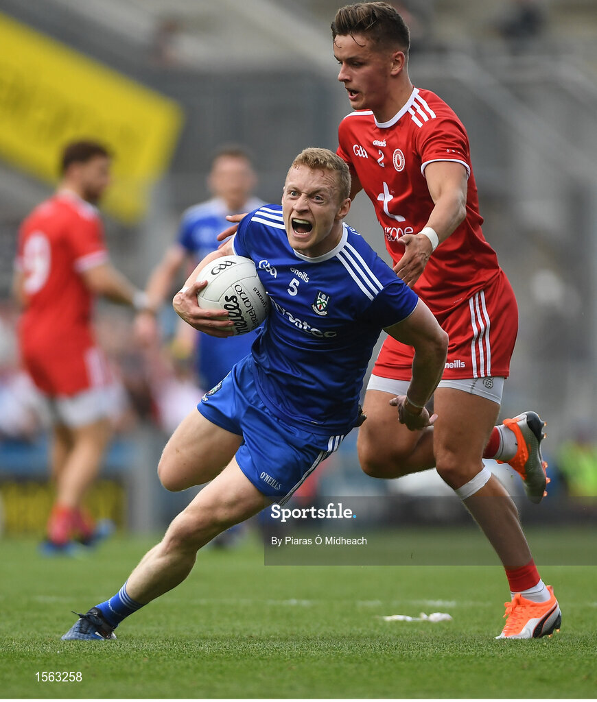12 August 2018; Colin Walshe of Monaghan in action against Michael McKernan of Tyrone during the GAA Football All-Ireland Senior Championship semi-final match between Monaghan and Tyrone at Croke Park in Dublin. Photo by Piaras Ó Mídheach/Sportsfile