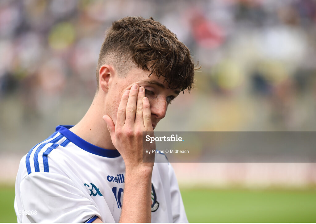 12 August 2018; Aaron Mulligan of Monaghan dejected after the Electric Ireland GAA Football All-Ireland Minor Championship semi-final match between Kerry and Monaghan at Croke Park in Dublin. Photo by Piaras Ó Mídheach/Sportsfile