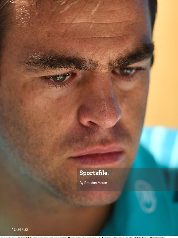 27 August 2018; Head coach Jonann van Graan during a Munster rugby press conference at the University of Limerick in Limerick. Photo by Brendan Moran/Sportsfile