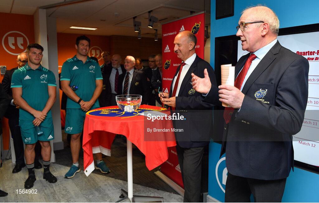 27 August 2018; Munster Branch President Ger Malone, right, speaking during the draw for the Bank of Ireland Munster Senior Challenge Cup at the University of Limerick in Limerick. Photo by Brendan Moran/Sportsfile