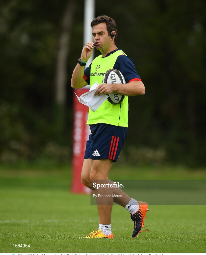 27 August 2018; Head coach Johann van Graan during Munster Rugby squad training at the University of Limerick in Limerick. Photo by Brendan Moran/Sportsfile