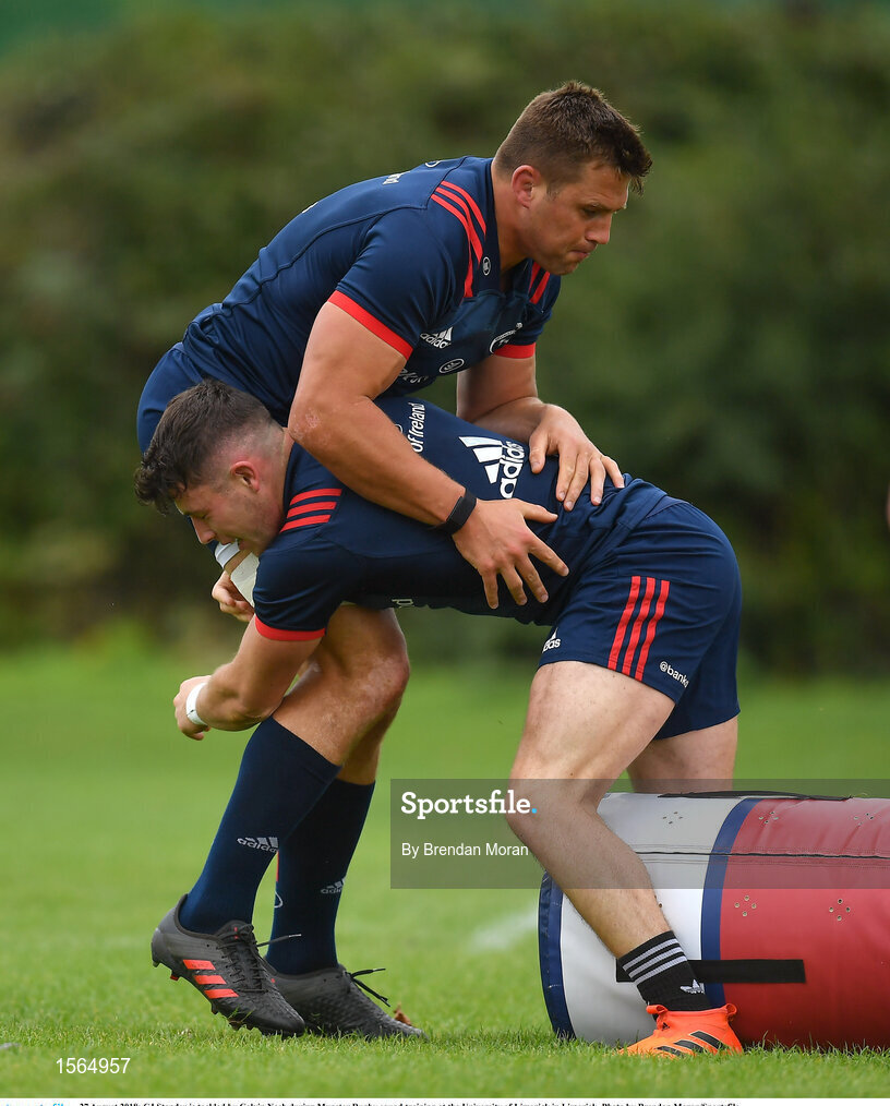 27 August 2018; CJ Stander is tackled by Calvin Nash during Munster Rugby squad training at the University of Limerick in Limerick. Photo by Brendan Moran/Sportsfile