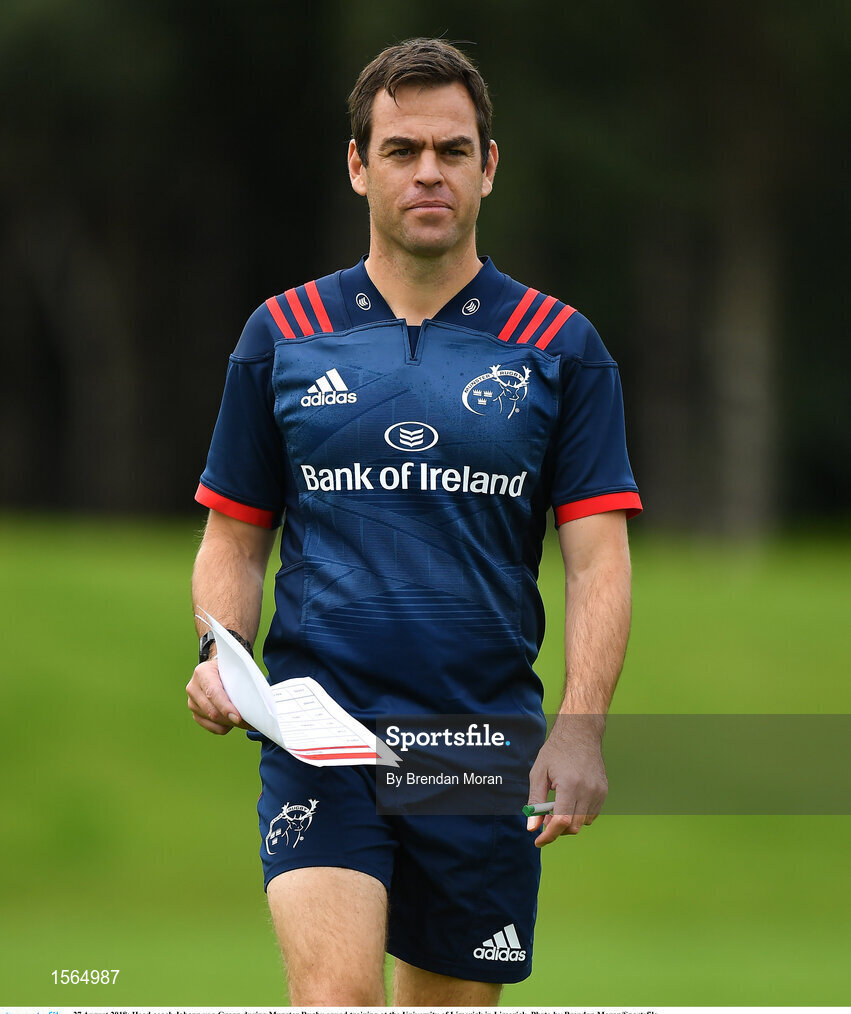 27 August 2018; Head coach Johann van Graan during Munster Rugby squad training at the University of Limerick in Limerick. Photo by Brendan Moran/Sportsfile