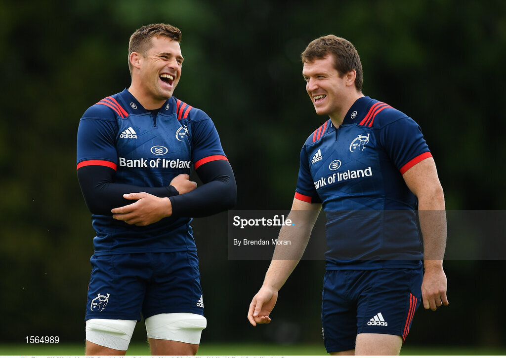 27 August 2018; CJ Stander, left, and Mike Sherry during Munster Rugby squad training at the University of Limerick in Limerick. Photo by Brendan Moran/Sportsfile