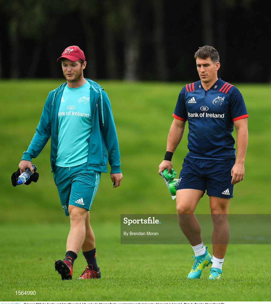 27 August 2018; Ian Keatley and Tyler Bleyendaal, left, arrive for Munster Rugby squad training at the University of Limerick in Limerick. Photo by Brendan Moran/Sportsfile