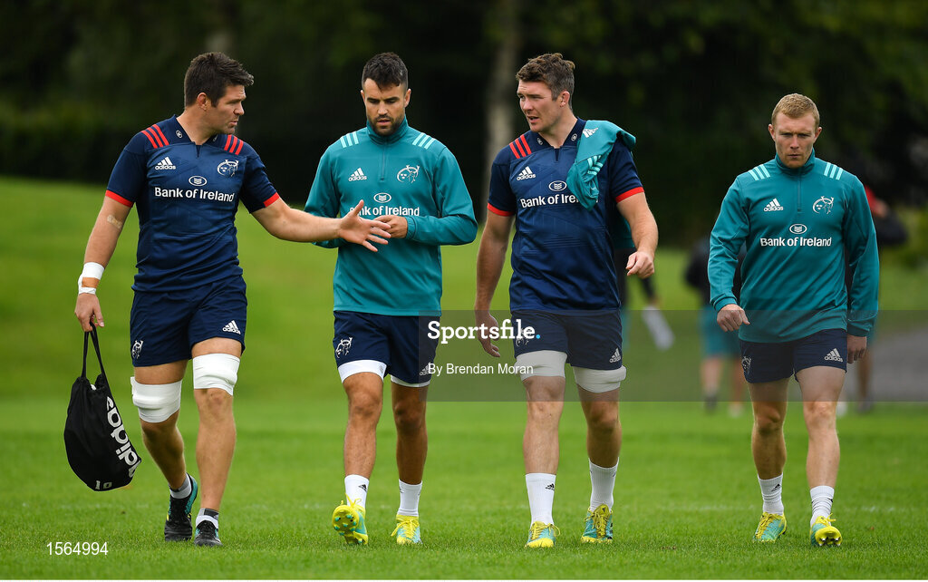 27 August 2018; Munster players, from left, Billy Holland, Conor Murray, Peter O'Mahony and Keith Earls arrive for squad training at the University of Limerick in Limerick. Photo by Brendan Moran/Sportsfile
