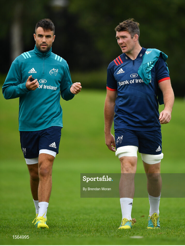 27 August 2018; Conor Murray, left, and Peter O'Mahony during Munster Rugby squad training at the University of Limerick in Limerick. Photo by Brendan Moran/Sportsfile