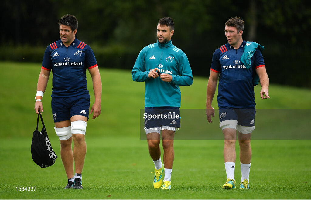 27 August 2018; Munster players, from left, Billy Holland, Conor Murray and Peter O'Mahony arrive for squad training at the University of Limerick in Limerick. Photo by Brendan Moran/Sportsfile