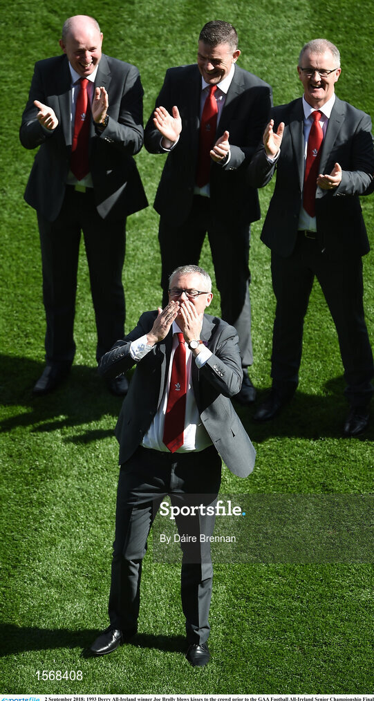 2 September 2018; Joe Brolly of the Derry 1993 All-Ireland winning Jubilee team blows kisses to the crowd as the team are honoured prior to the GAA Football All-Ireland Senior Championship Final match between Dublin and Tyrone at Croke Park in Dublin. Photo by Dáire Brennan/Sportsfile
