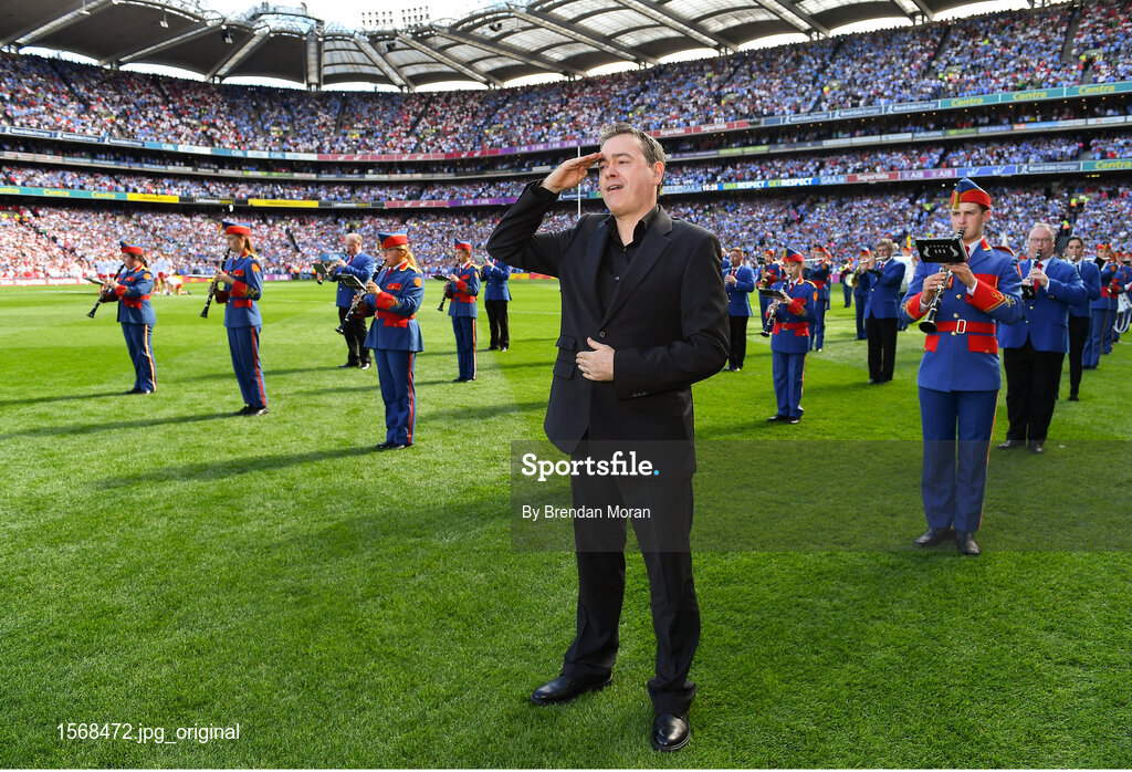2 September 2018; Senan Dunne sings Amnrán na bhFiann prior to the GAA Football All-Ireland Senior Championship Final match between Dublin and Tyrone at Croke Park in Dublin. Photo by Brendan Moran/Sportsfile