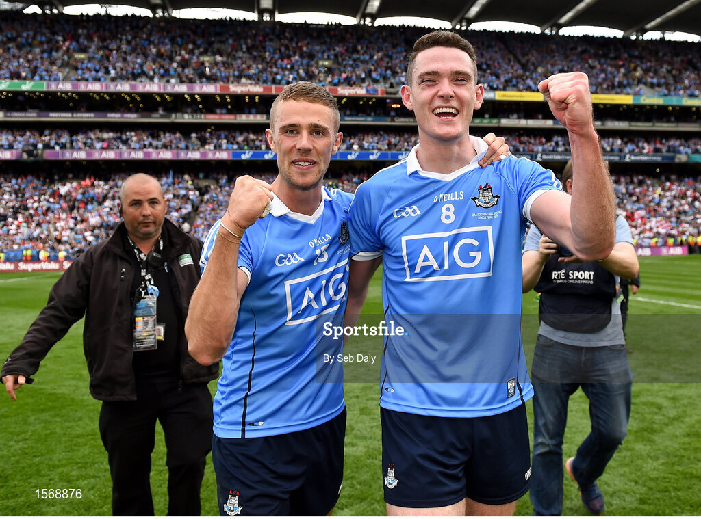 2 September 2018; Paul Mannion, left, and Brian Fenton of Dublin celebrate following the GAA Football All-Ireland Senior Championship Final match between Dublin and Tyrone at Croke Park in Dublin. Photo by Seb Daly/Sportsfile