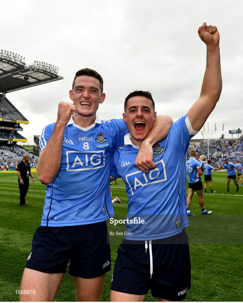 2 September 2018; Brian Fenton, left, and Brian Howard of Dublin celebrate following the GAA Football All-Ireland Senior Championship Final match between Dublin and Tyrone at Croke Park in Dublin. Photo by Seb Daly/Sportsfile
