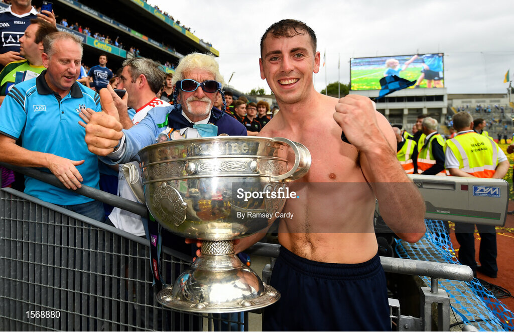 2 September 2018; Cormac Costello of Dublin with Gerry "Dublin Gerry" Gowran following the GAA Football All-Ireland Senior Championship Final match between Dublin and Tyrone at Croke Park in Dublin. Photo by Ramsey Cardy/Sportsfile