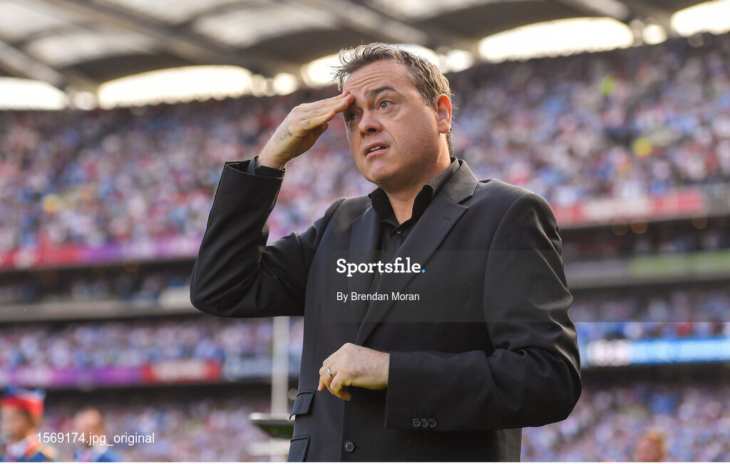 2 September 2018; Senan Dunne sings Amhrán na bhFiann prior to the GAA Football All-Ireland Senior Championship Final match between Dublin and Tyrone at Croke Park in Dublin. Photo by Brendan Moran/Sportsfile