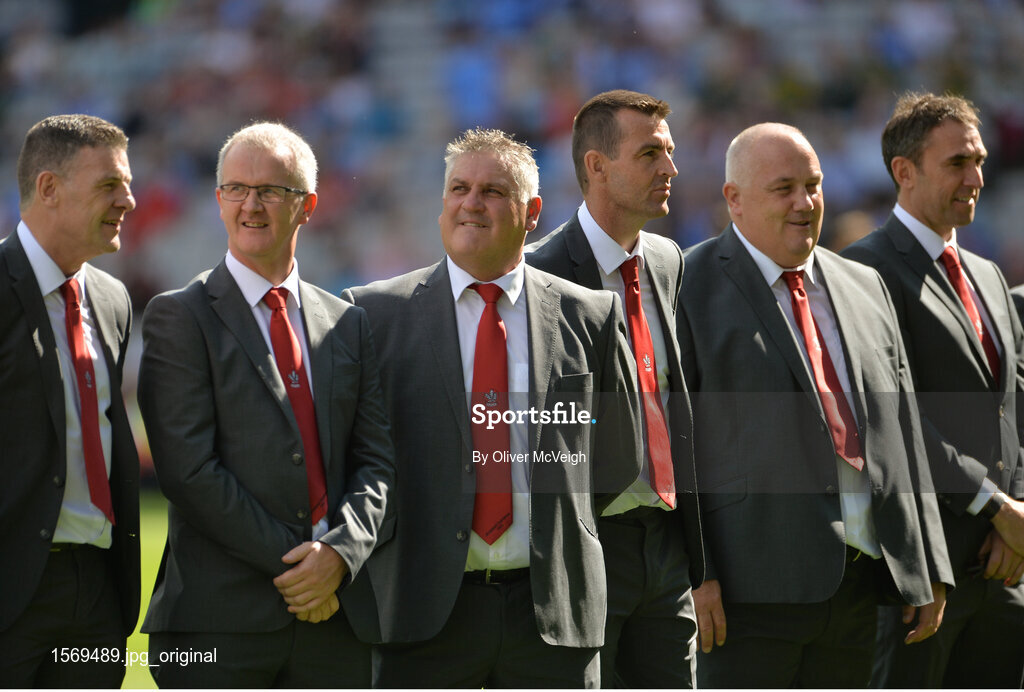 2 September 2018; Enda Gormley, Don Kelly, Damian McNicholl, Eamon Burns, Danny Quinn and  Brian McCormack of the Derry 1993 All-Ireland winning team who were honoured prior to the GAA Football All-Ireland Senior Championship Final match between Dublin and Tyrone at Croke Park in Dublin.  Photo by Oliver McVeigh/Sportsfile