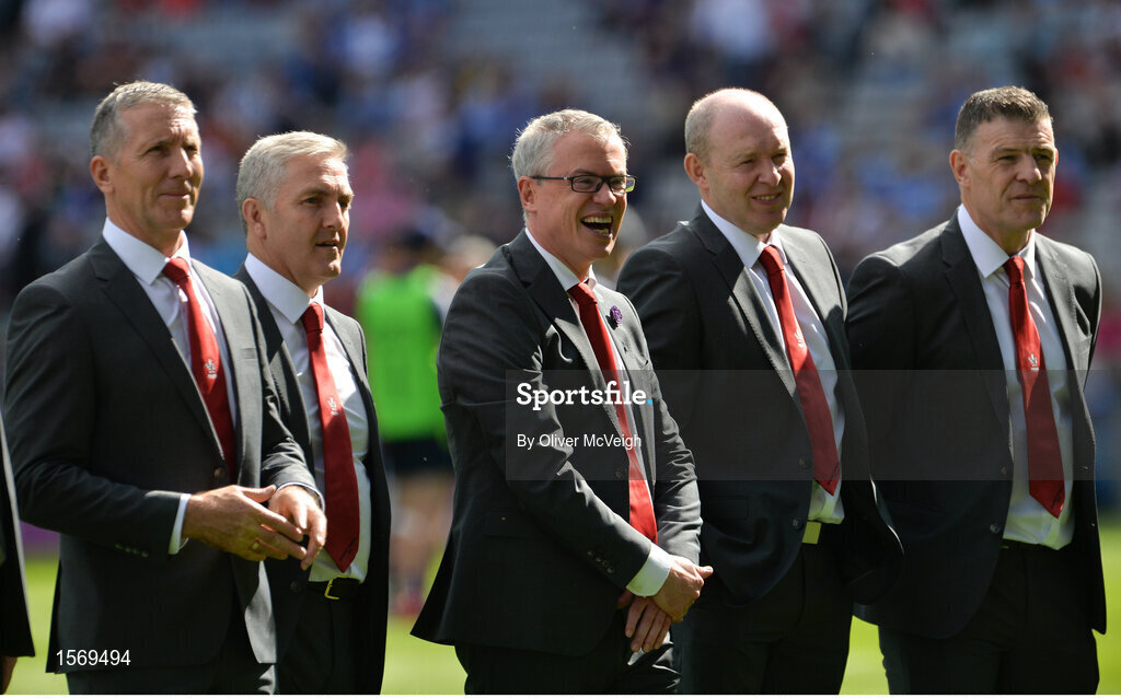 2 September 2018; Damian Barton, Damian Cassidy, Joe Brolly, Seamus Downey and Enda Gormley of the Derry 1993 All-Ireland winning team who were honoured prior to the GAA Football All-Ireland Senior Championship Final match between Dublin and Tyrone at Croke Park in Dublin. Photo by Oliver McVeigh/Sportsfile