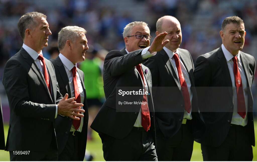 2 September 2018; Damian Barton, Damian Cassidy, Joe Brolly, Seamus Downey and Enda Gormley of the Derry 1993 All-Ireland winning team who were honoured prior to the GAA Football All-Ireland Senior Championship Final match between Dublin and Tyrone at Croke Park in Dublin. Photo by Oliver McVeigh/Sportsfile