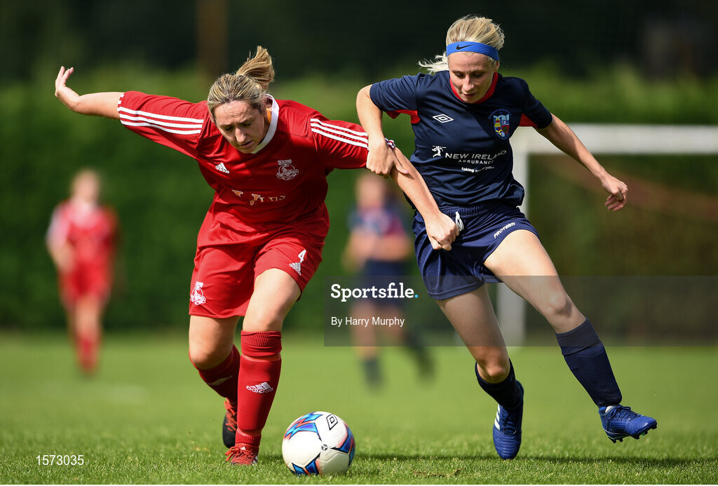 9 September 2018; Sarah Geaney of Lakewood Athletic in action against Louise Kearney of TEK United during the FAI Women’s Intermediate Shield Final match between TEK United and Lakewood Athletic at Newhill Park in Two Mile Borris, Tipperary. Photo by Harry Murphy/Sportsfile
