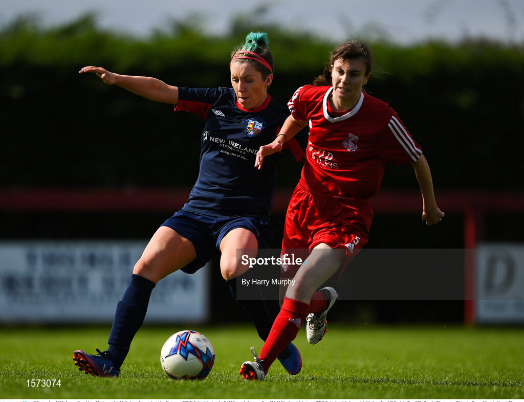 9 September 2018; Laura Coughlan of Lakewood Athletic in action against Aine Dunster of TEK United during the FAI Women’s Intermediate Shield Final match between TEK United and Lakewood Athletic at Newhill Park in Two Mile Borris, Tipperary.  Photo by Harry Murphy/Sportsfile