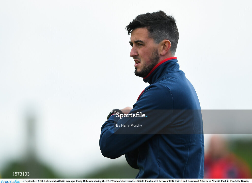 9 September 2018; Lakewood Athletic manager Craig Robinson during the FAI Women’s Intermediate Shield Final match between TEK United and Lakewood Athletic at Newhill Park in Two Mile Borris, Tipperary.  Photo by Harry Murphy/Sportsfile