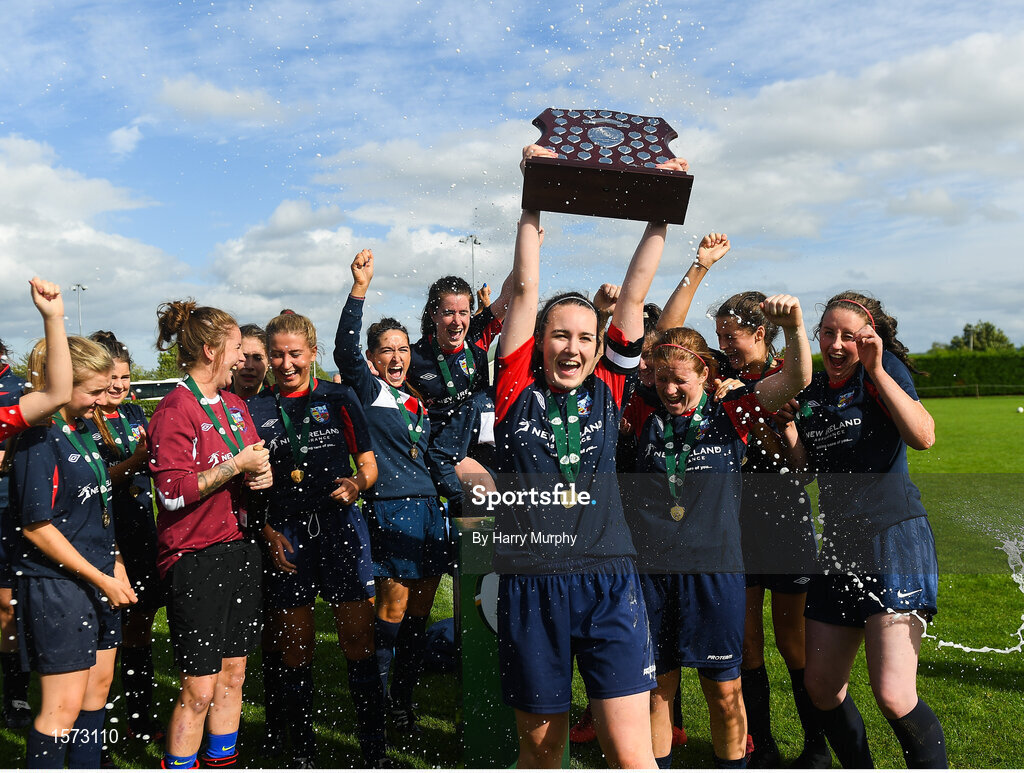 9 September 2018; Ali Brady of Lakewood Athletic lifts the shield after the FAI Women’s Intermediate Shield Final match between TEK United and Lakewood Athletic at Newhill Park in Two Mile Borris, Tipperary.  Photo by Harry Murphy/Sportsfile