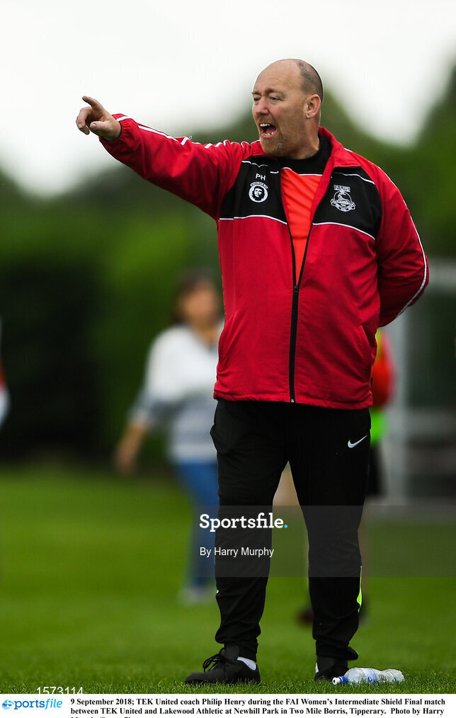 9 September 2018; TEK United coach Philip Henry during the FAI Women’s Intermediate Shield Final match between TEK United and Lakewood Athletic at Newhill Park in Two Mile Borris, Tipperary.  Photo by Harry Murphy/Sportsfile