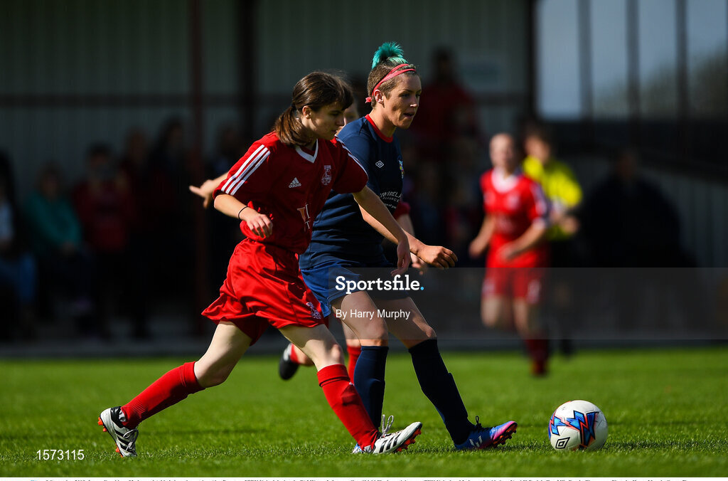 9 September 2018; Laura Coughlan of Lakewood Athletic in action against Aine Dunster of TEK United during the FAI Women’s Intermediate Shield Final match between TEK United and Lakewood Athletic at Newhill Park in Two Mile Borris, Tipperary.  Photo by Harry Murphy/Sportsfile