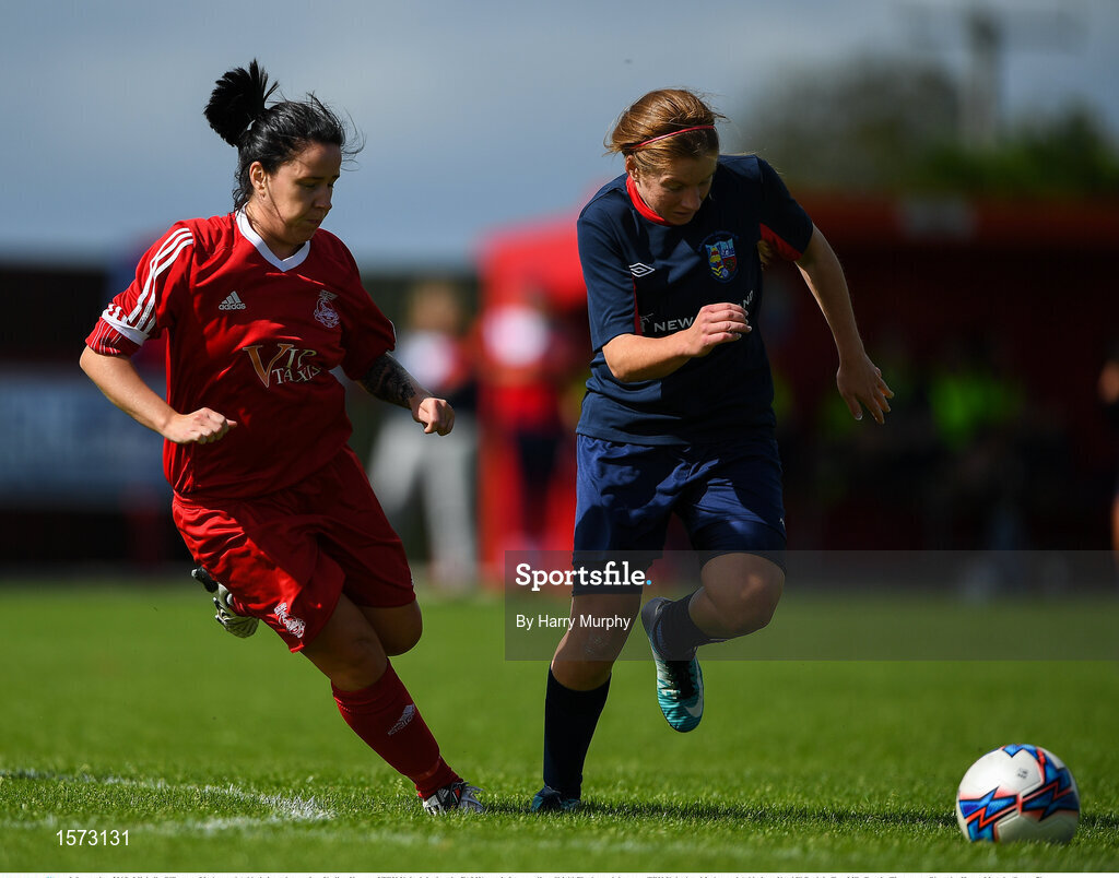 9 September 2018; Michelle O'Regan of Lakewood Athletic in action against Nadine Kenny of TEK United during the FAI Women’s Intermediate Shield Final match between TEK United and Lakewood Athletic at Newhill Park in Two Mile Borris, Tipperary.  Photo by Harry Murphy/Sportsfile