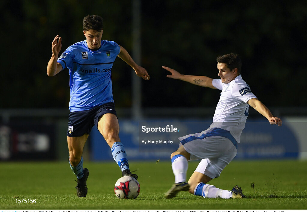 14 September 2018; Neil Farrugia of UCD in action against Ciaran Coll of Finn Harps during the SSE Airtricity League First Division match between UCD and Finn Harps at the UCD Bowl in Dublin. Photo by Harry Murphy/Sportsfile