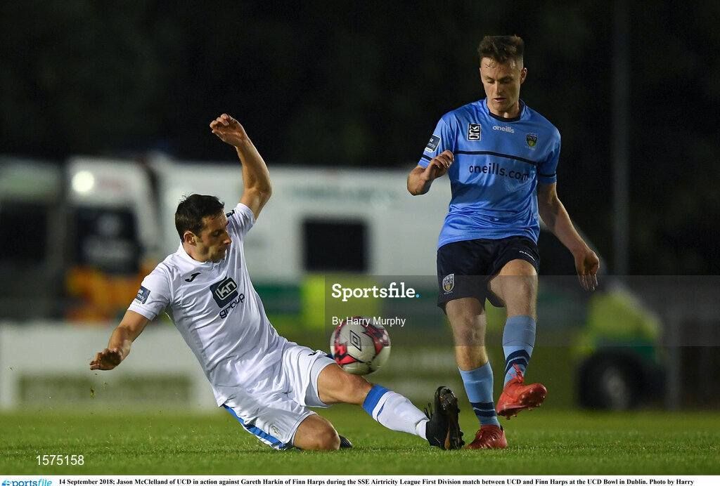 14 September 2018; Jason McClelland of UCD in action against Gareth Harkin of Finn Harps during the SSE Airtricity League First Division match between UCD and Finn Harps at the UCD Bowl in Dublin. Photo by Harry Murphy/Sportsfile