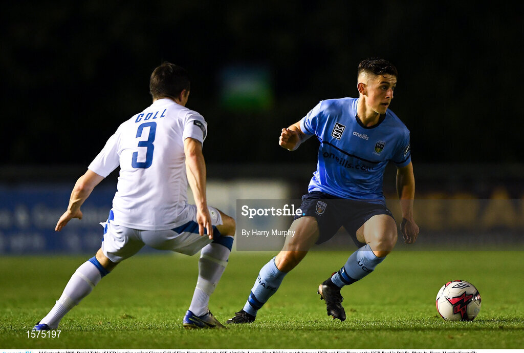14 September 2018; Daniel Tobin of UCD in action against Ciaran Coll of Finn Harps during the SSE Airtricity League First Division match between UCD and Finn Harps at the UCD Bowl in Dublin. Photo by Harry Murphy/Sportsfile