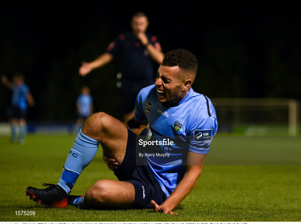 14 September 2018; Evan Osam of UCD goes down injured during the SSE Airtricity League First Division match between UCD and Finn Harps at the UCD Bowl in Dublin. Photo by Harry Murphy/Sportsfile