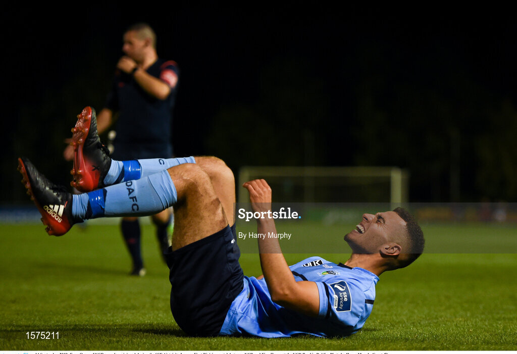 14 September 2018; Evan Osam of UCD goes down injured during the SSE Airtricity League First Division match between UCD and Finn Harps at the UCD Bowl in Dublin. Photo by Harry Murphy/Sportsfile