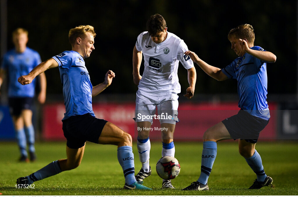 14 September 2018; John Kavanagh of Finn Harps in action against Greg Sloggett, left, and Timmy Molloy of UCD during the SSE Airtricity League First Division match between UCD and Finn Harps at the UCD Bowl in Dublin. Photo by Harry Murphy/Sportsfile